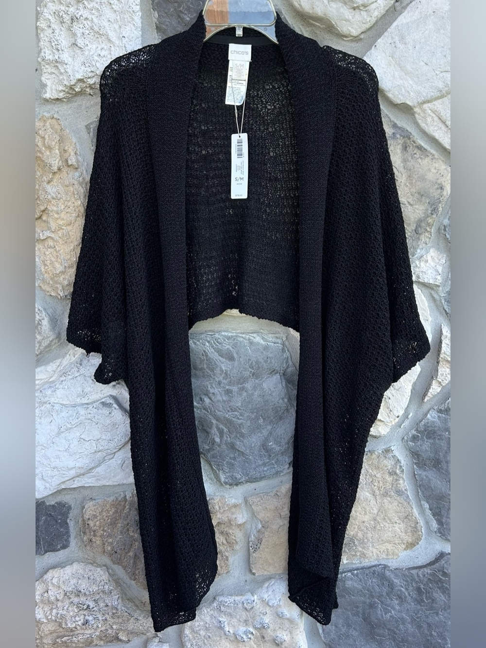 NEW Chicos Knit Wrap Shawl Size S/M Black Open Front Minimalist Layering Piece